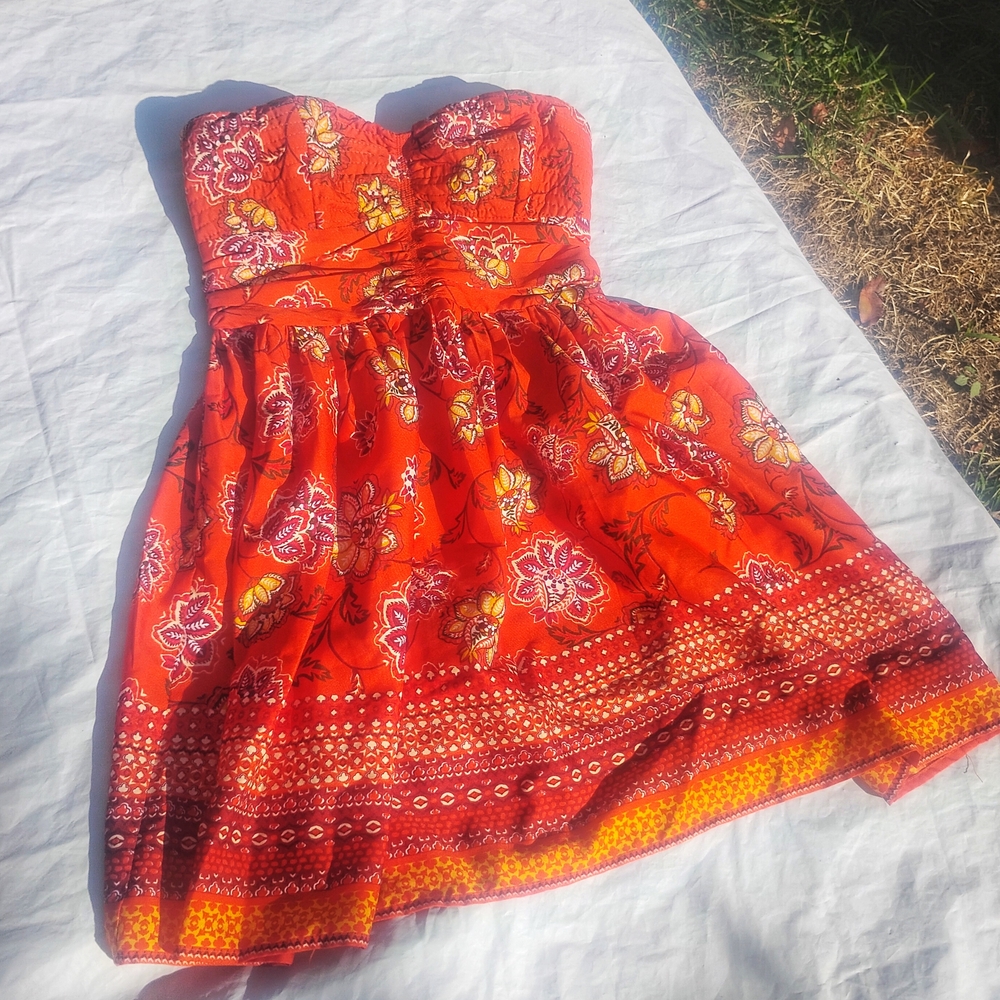 Strapless Floral Orange Dress